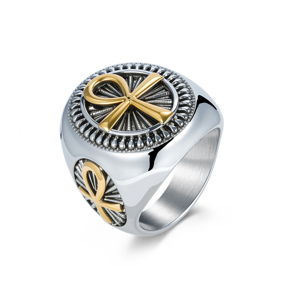 Planderful Men's Stainless Steel Geometric Ring Ankh Cross Retro Egypt Inspired Fashion Jewelry