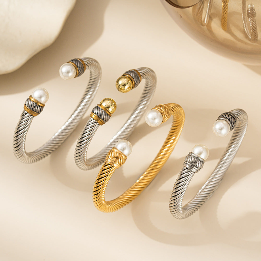 Planderful Stainless Steel Wire Rope Pearl Bracelet For Women Opening Clasp Elegant Everyday Genie Jewelry