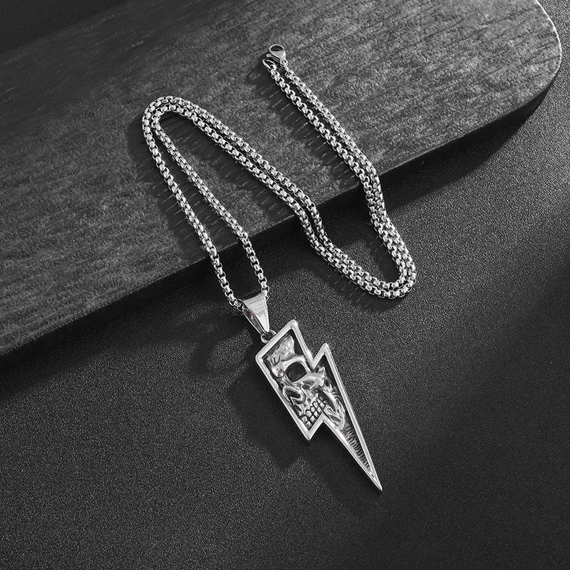 Planderful Titanium Steel Skull Pendant Necklace For Men Durable Retro Punk Lightning Style
