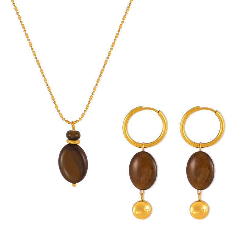 Tiger Eye Stone Pendant Necklace and Earrings Set, Unique Titanium Steel Jewelry
