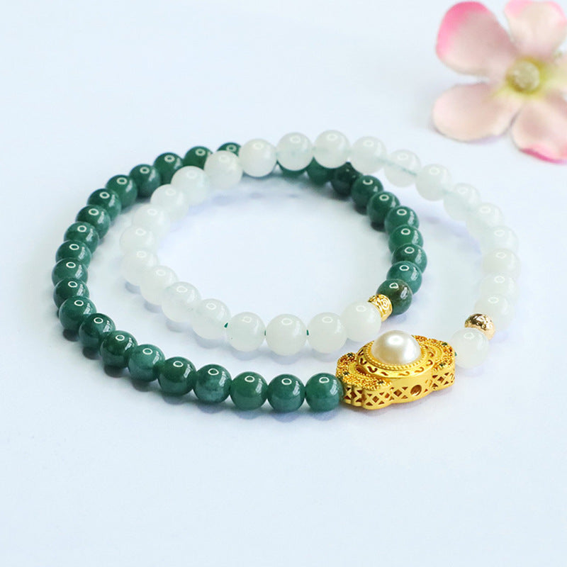 Blue Water Jadeite Golden Silk Jade & Double-Wrap Beaded Bracelet
