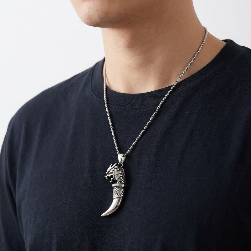 Punk Hip Hop Style Stainless Steel Wolf Tooth Shape Men's Pendant Skull Necklace