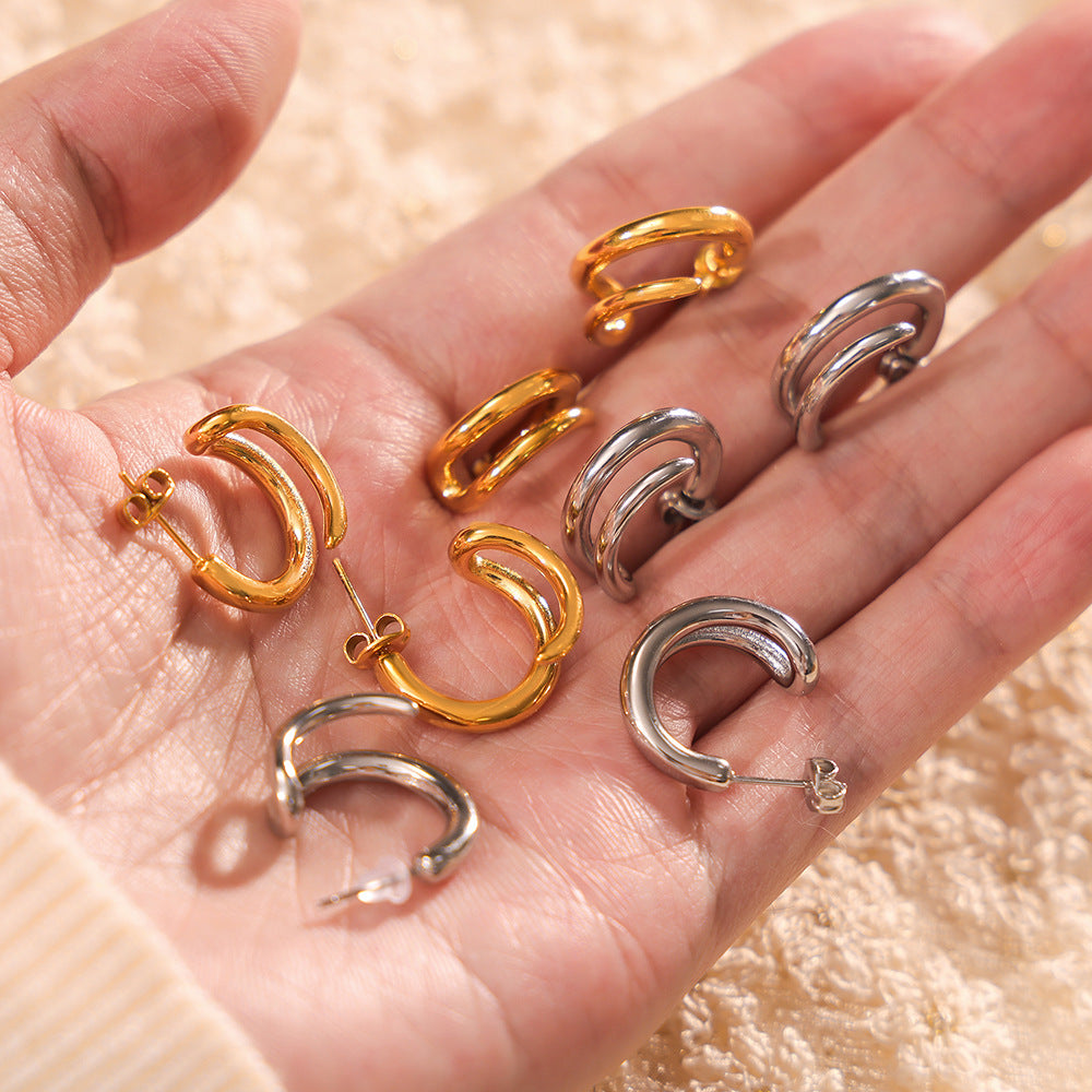 Double-Layer Geometric Titanium Steel Gold-Plated Stud Earrings for Stylish Commuters