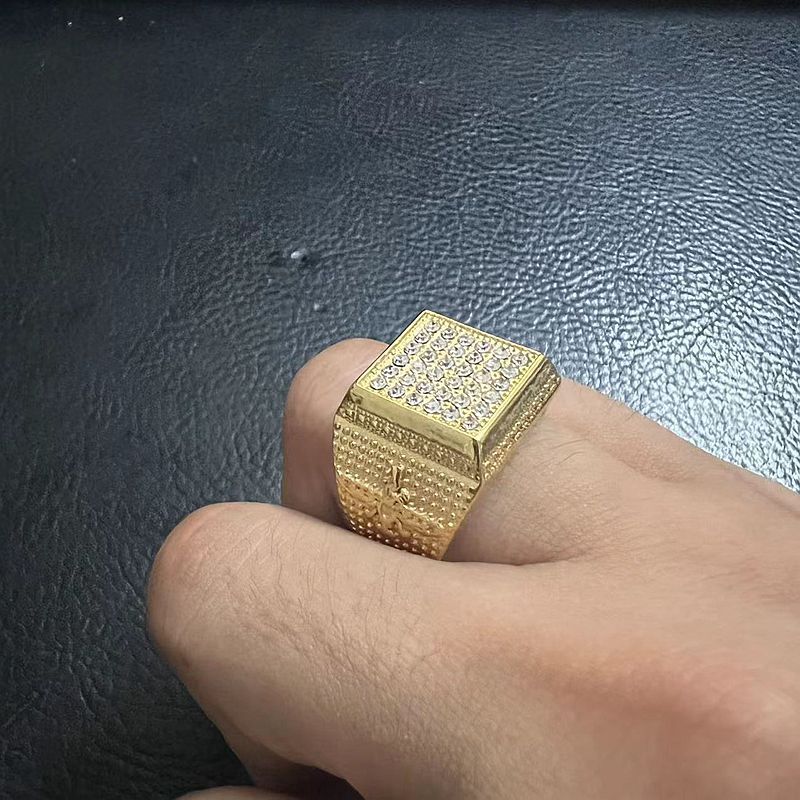 Planderful Hip Hop Ring Titanium Steel Gold Plated Zircon For Men Bold Urban Accessory