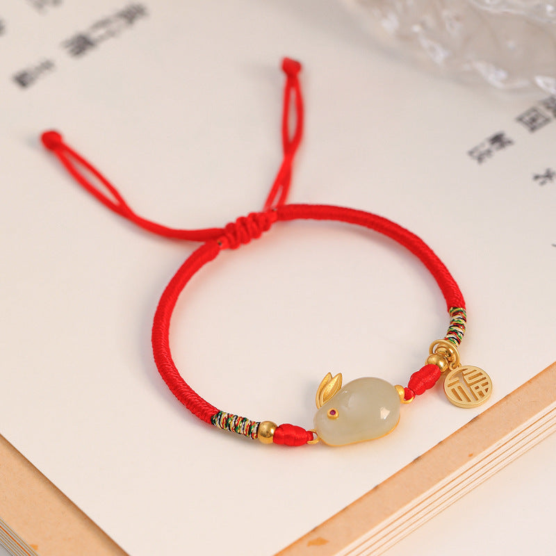 Hand-Woven Sterling Silver Nephrite Jade Rabbit Bracelet by Planderful Collection