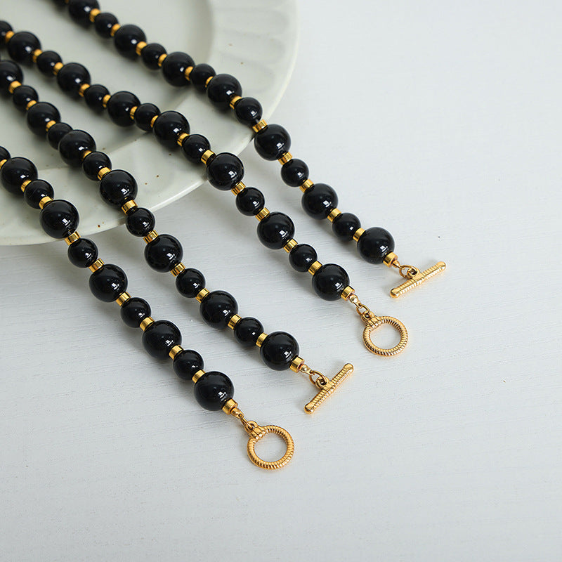 Black Agate Beaded Necklace with OT Buckle - Handcrafted Luxury Jewelry