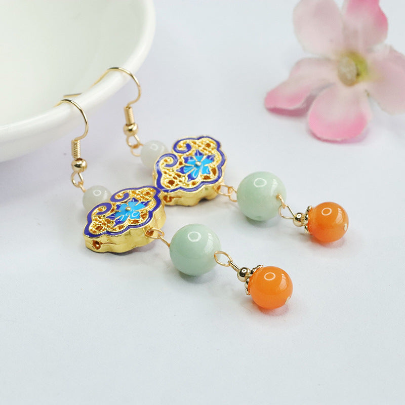 Golden Ruyi Earhooks with Colorful Enamel on Sterling Silver and Jade Gem