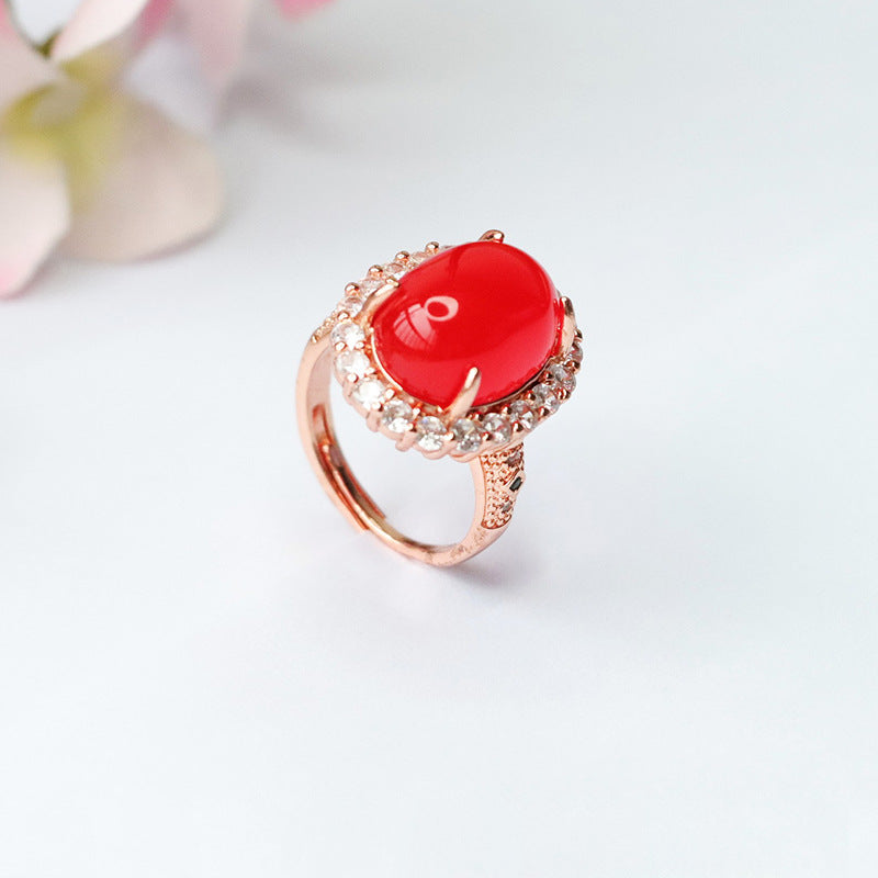 Pigeon Blood Red Agate Sterling Silver Ring with Zircon Halo