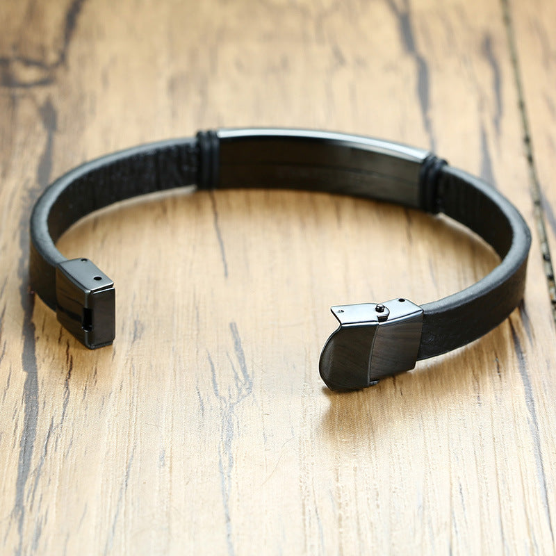 Stainless Steel Black Curved Leather Bracelet Men's Trendy Accessories Jewelry Wholesale Personalized for Men