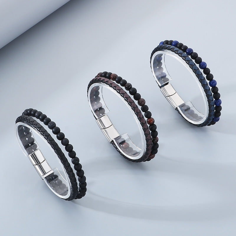 Planderful Men's Leather Bracelet Handwoven Tiger's Eye