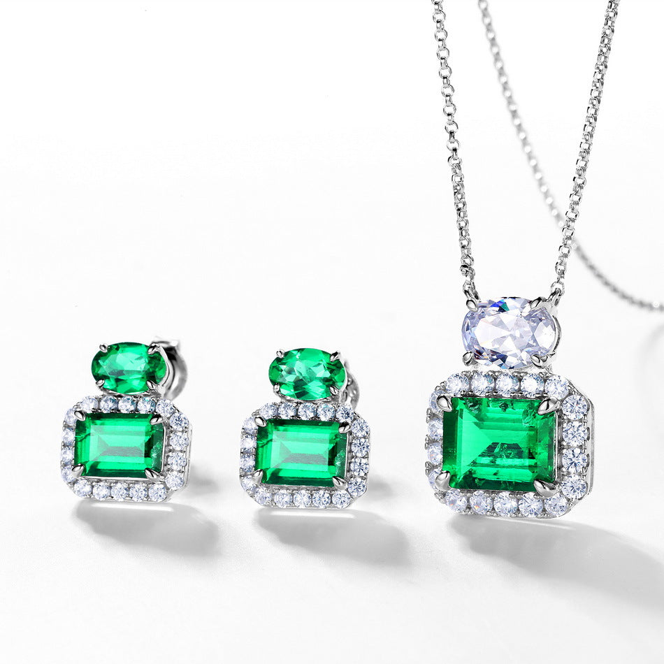 S925 Sterling Silver Lab-Grown Emerald Square Stud Earrings