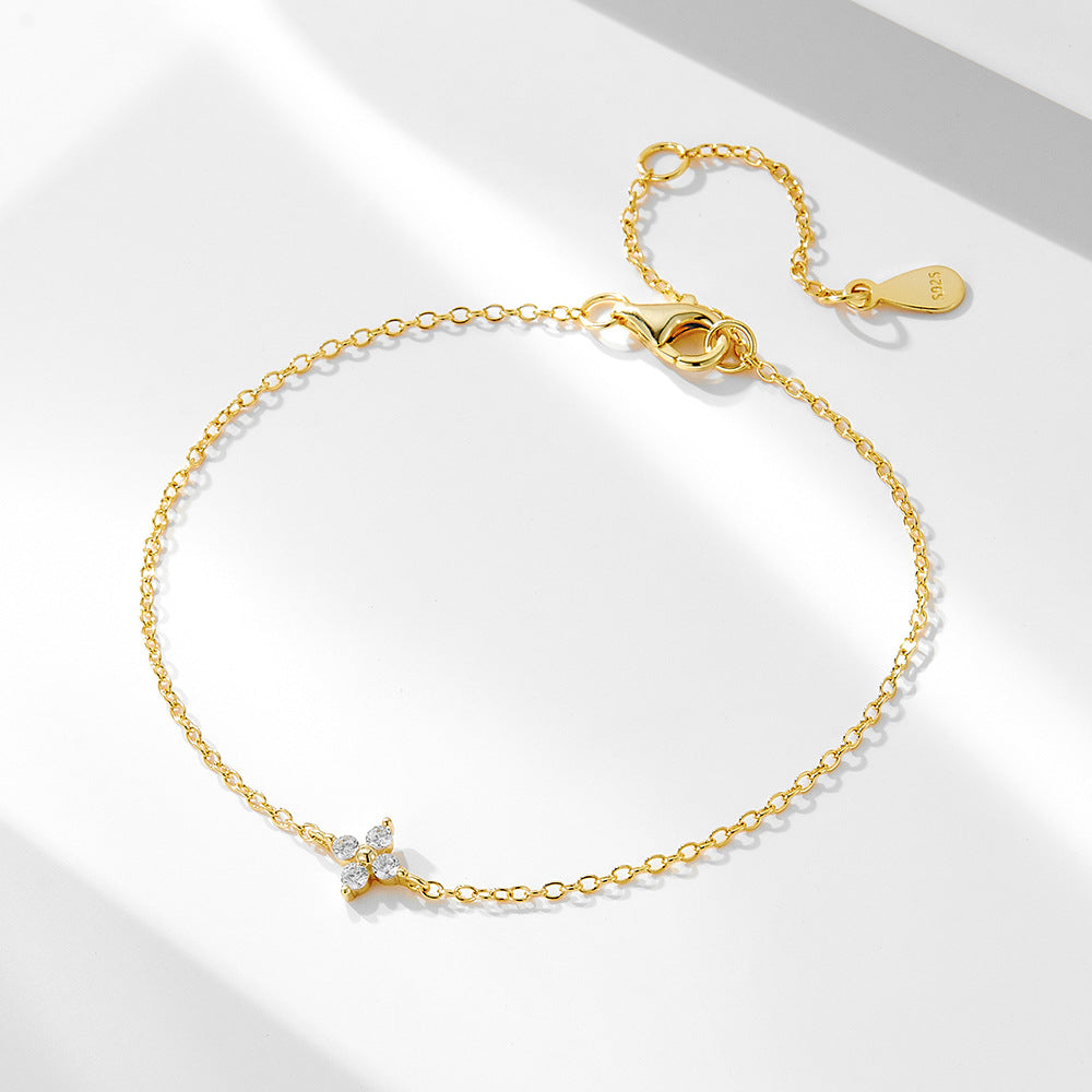 S925 Sterling Silver Four-Leaf Clover Bracelet Zircon Pendant Chain