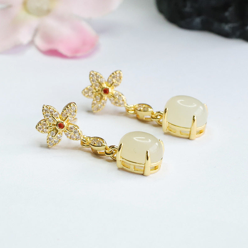 Floral Drop Earrings crafted with Natural Hotan White Jade