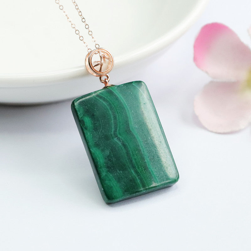 Malachite Square Peace Plaque Silver Pendant — No Chain