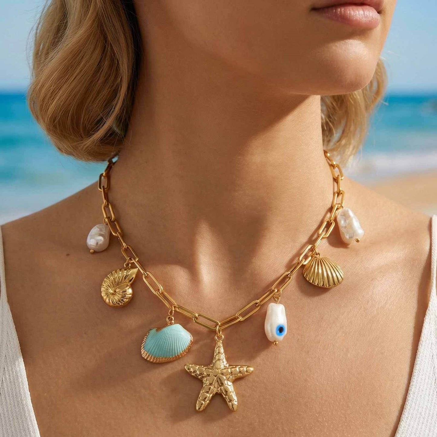 Ocean-Style Stainless Steel Pearl-Like Conch Shell Starfish Vacation Necklace