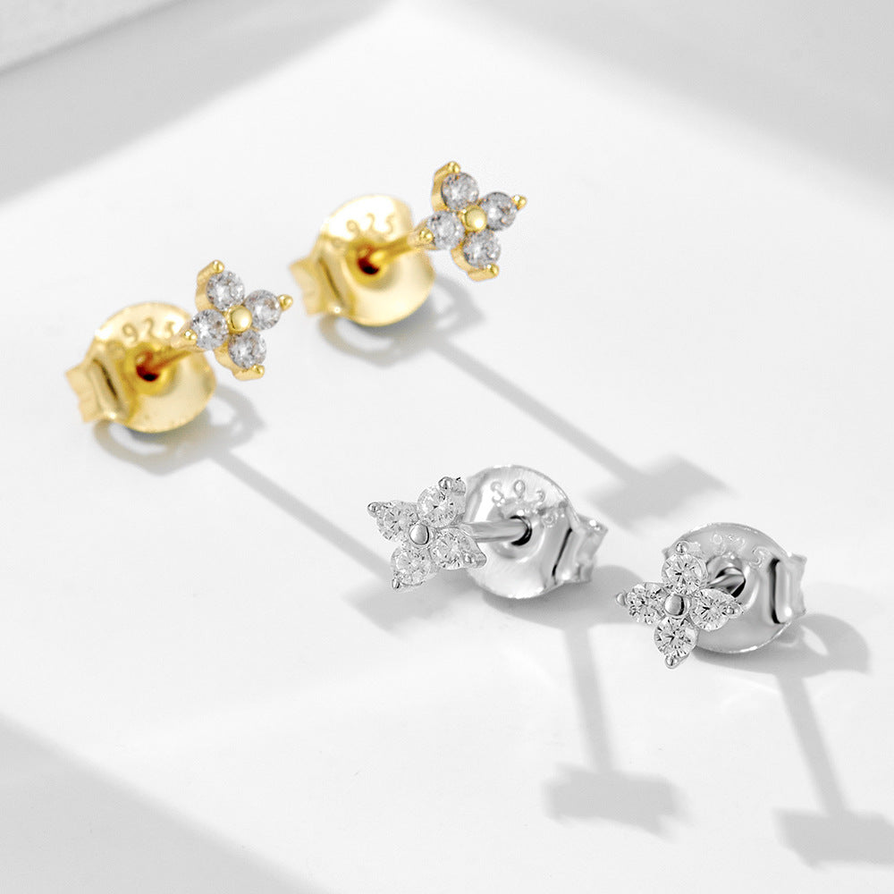 S925 Sterling Silver Four-Leaf Clover Zircon Stud Earrings
