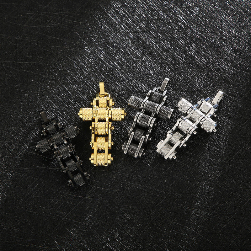 Creative Bicycle Chain Cross Pendant, Retro Hip-Hop Nightclub Men's Titanium Steel Square Pearl Necklace
