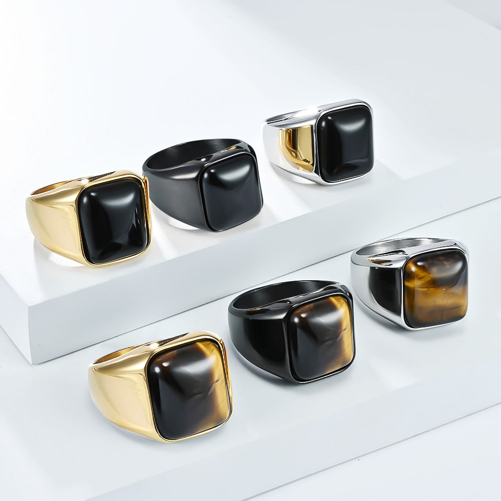 Planderful Men Tiger Eye Ring Natural Square Stone Stainless Steel Premium High End Jewelry