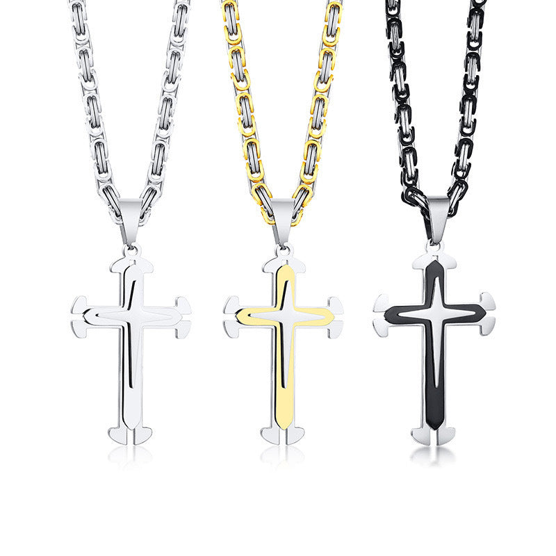 Planderful Stainless Steel Bold Triple Cross Pendant Necklace For Men On Byzantine Chain