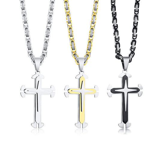 Planderful Stainless Steel Bold Triple Cross Pendant Necklace For Men On Byzantine Chain