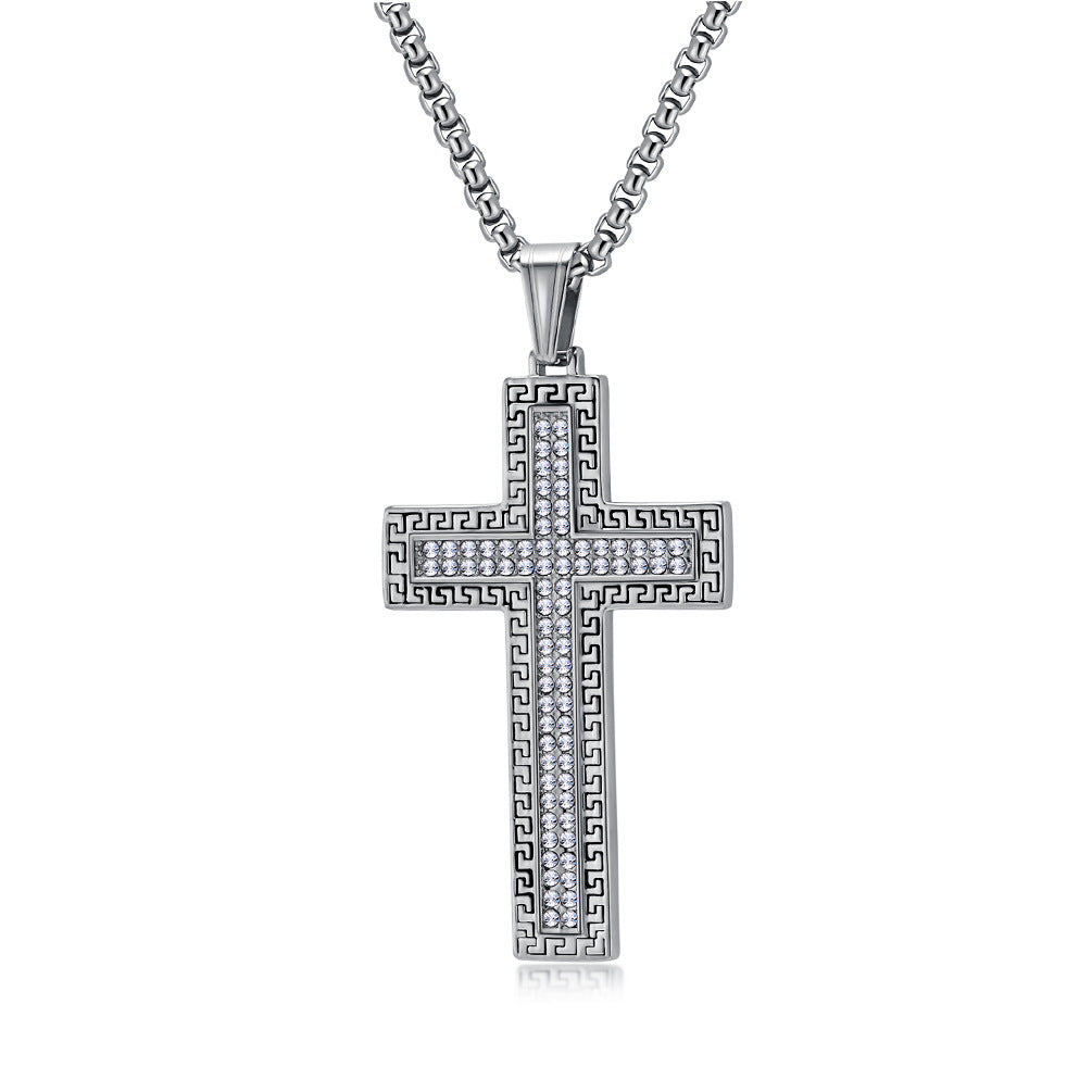 Planderful Mens Cross Necklace Titanium Steel With Zircon Great Wall Retro Pattern For Men