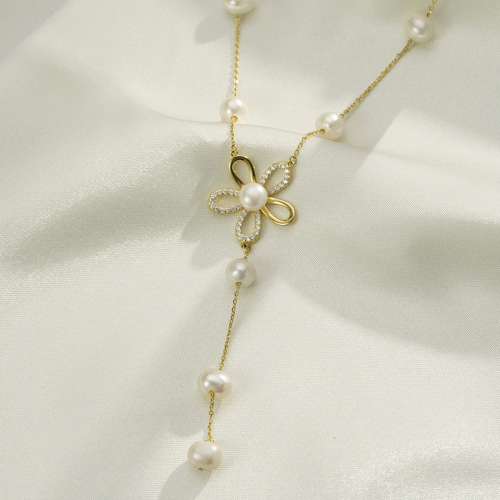 S925 Silver Hollow Flower Pearl Necklace for Women Wholesale