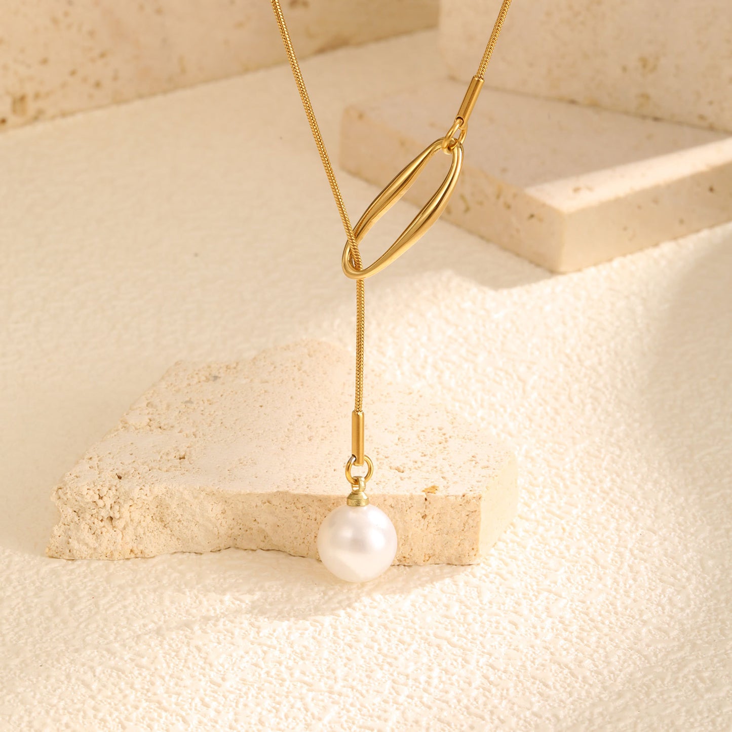 Stylish Stainless Steel Round Snake Chain Hollow Geometric Imitation Pearl Y-Shaped Necklace