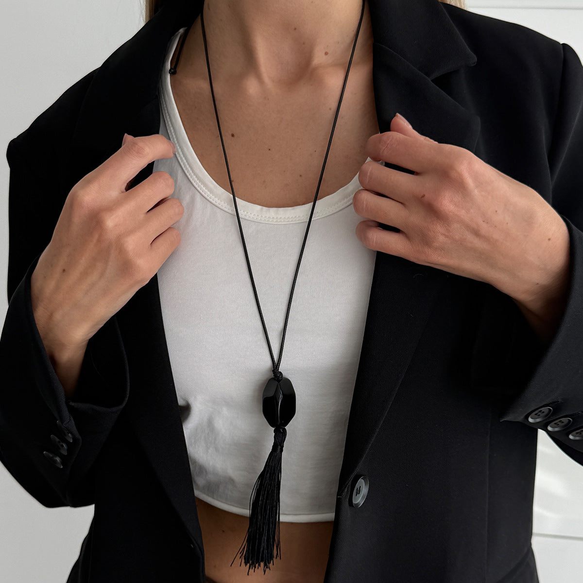 Black Acrylic Bead Tassel Long Necklace