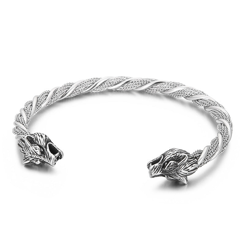 Double Wolf Head Punk Titanium Steel Men's Bracelet