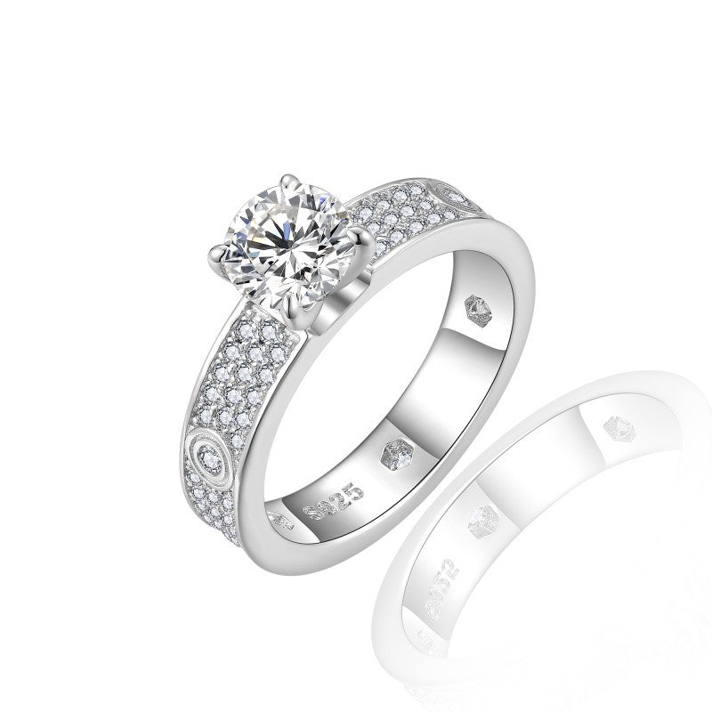 Planderful Moissanite Ring 1 Carat Round Brilliant DVVS3EX S925 Sterling Silver Engagement Ring For Her