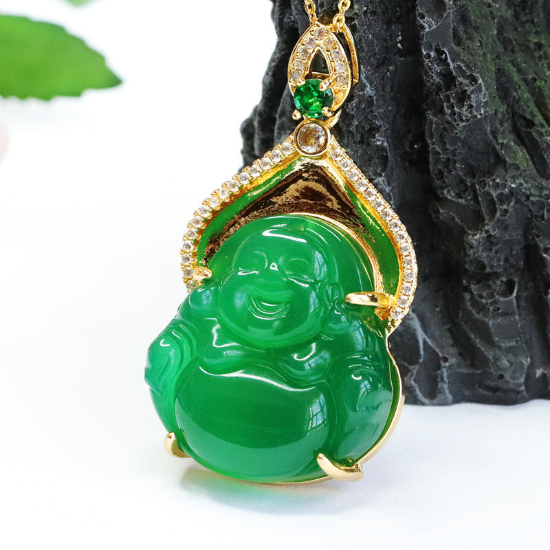 Green Chalcedony Buddha Necklace with Zircon Details