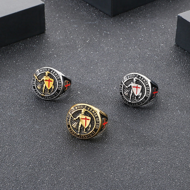 Planderful Men Epoxy Red Cross Shield Ring Hip Hop Style