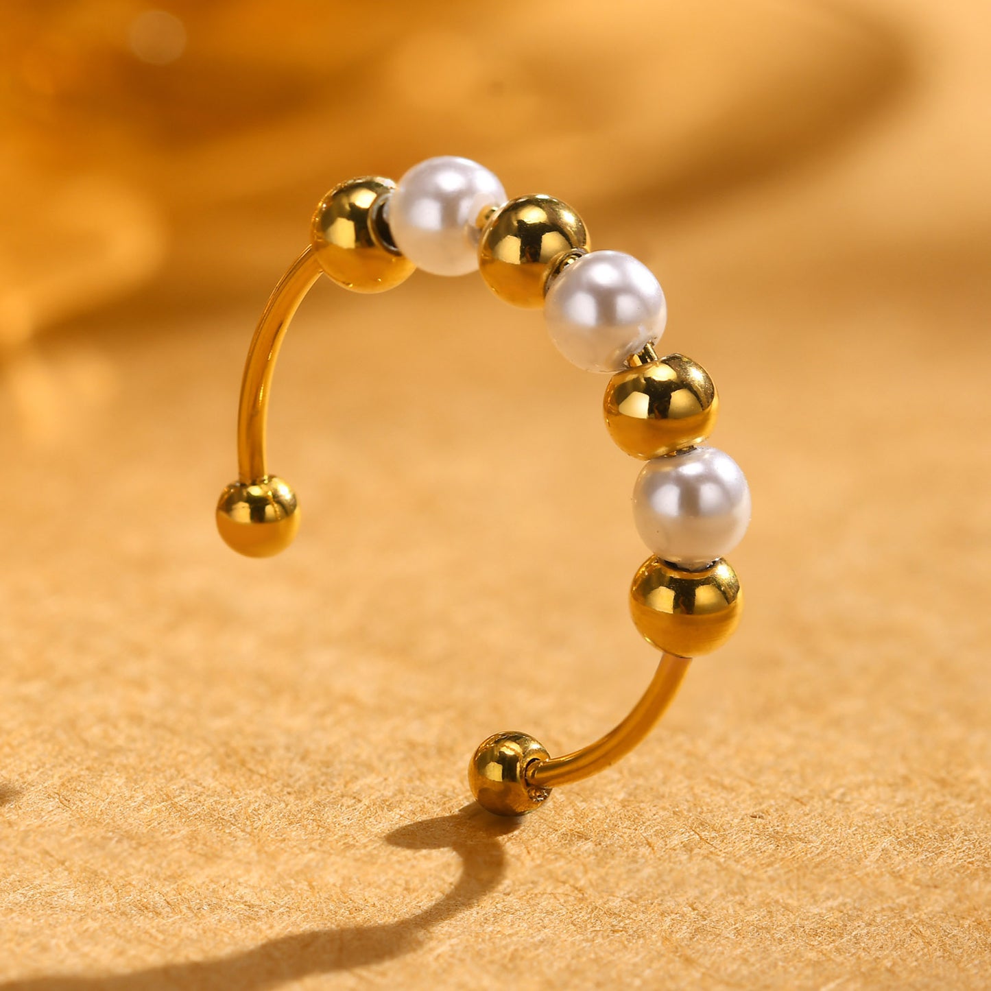 Stainless Steel Imitation Pearl Beaded Open Ring Women's Fashion Accessories Gold