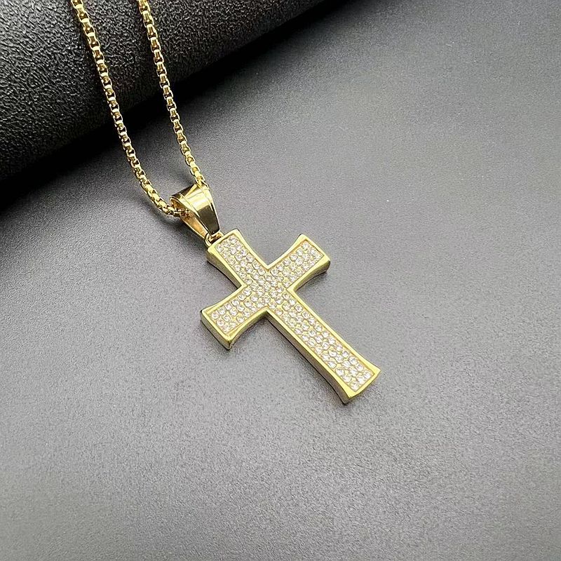 Planderful Everyday Genie Hip Hop Cross Pendant Necklace Titanium Steel Gold Plated Rhinestone For Fans