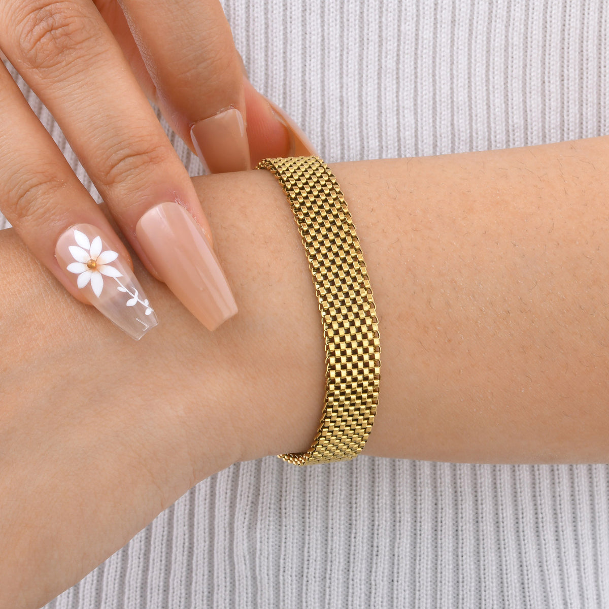 Wide Mesh Strap Gold Stainless Steel Bracelet for Women