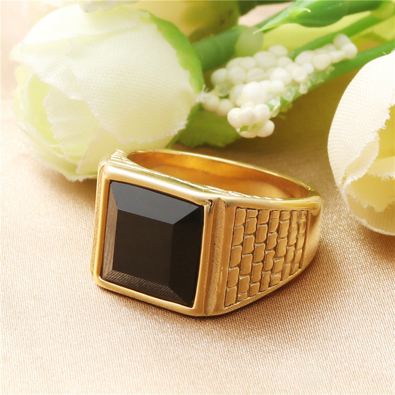 Titanium Steel Vintage Square Stone Ring - Trendy Men's Accessory with Black Gemstone