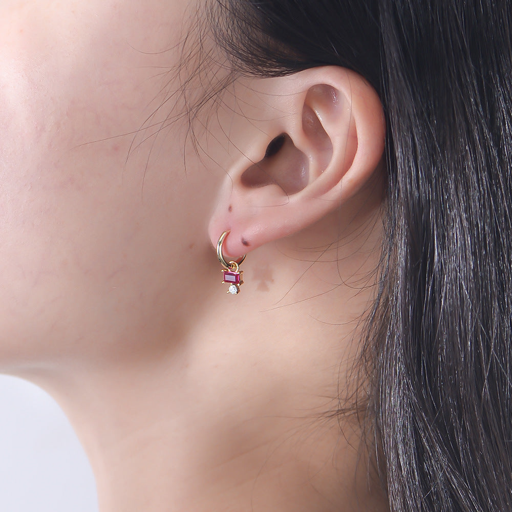 Small Fresh Square Red Zircon Earrings S925 Sterling Silver Earrings High-End Niche