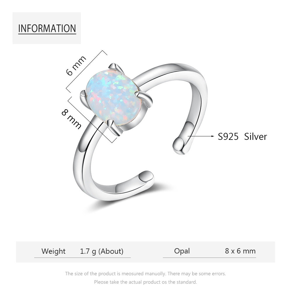 Planderful Jewelry Sterling Silver Opal Open Ring For Women, Adjustable Size, Modern Elegance