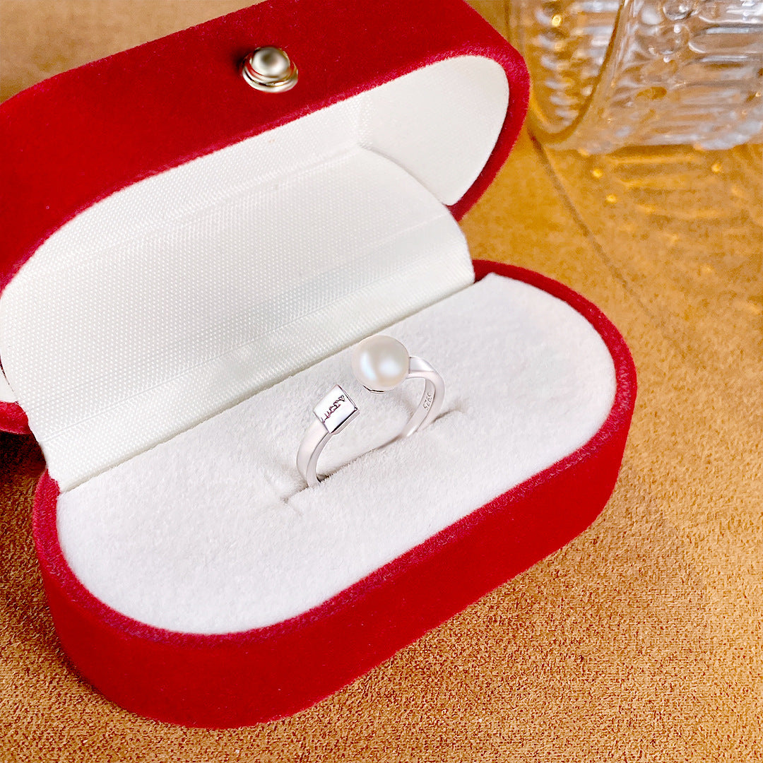 S925 Sterling Silver Freshwater Pearl Lucky Square Ring — Adjustable
