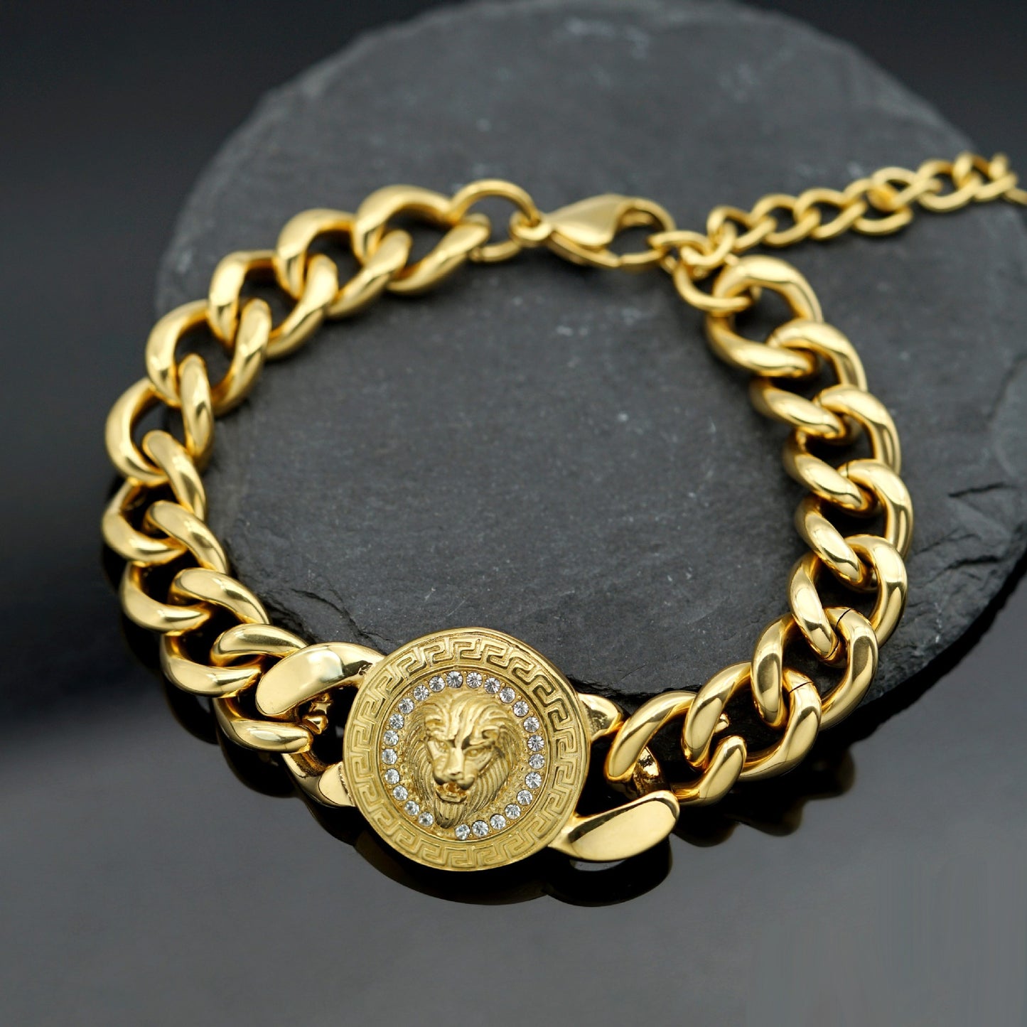 Planderful Stainless Steel Great Wall Pattern Lion Head Disc Cuban Chain Bracelet Unisex Protection Statement