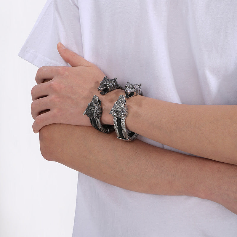 Planderful Mens Open Leather Bracelet With Double Wolf Head