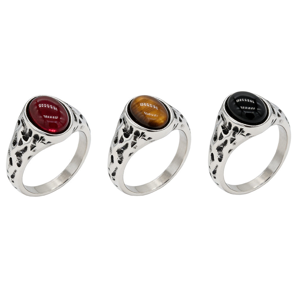 Planderful Titanium Steel Ring For Men Unisex Retro Oval Stone Statement Jewelry