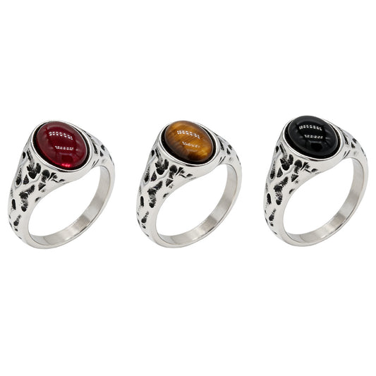 Planderful Titanium Steel Ring For Men Unisex Retro Oval Stone Statement Jewelry