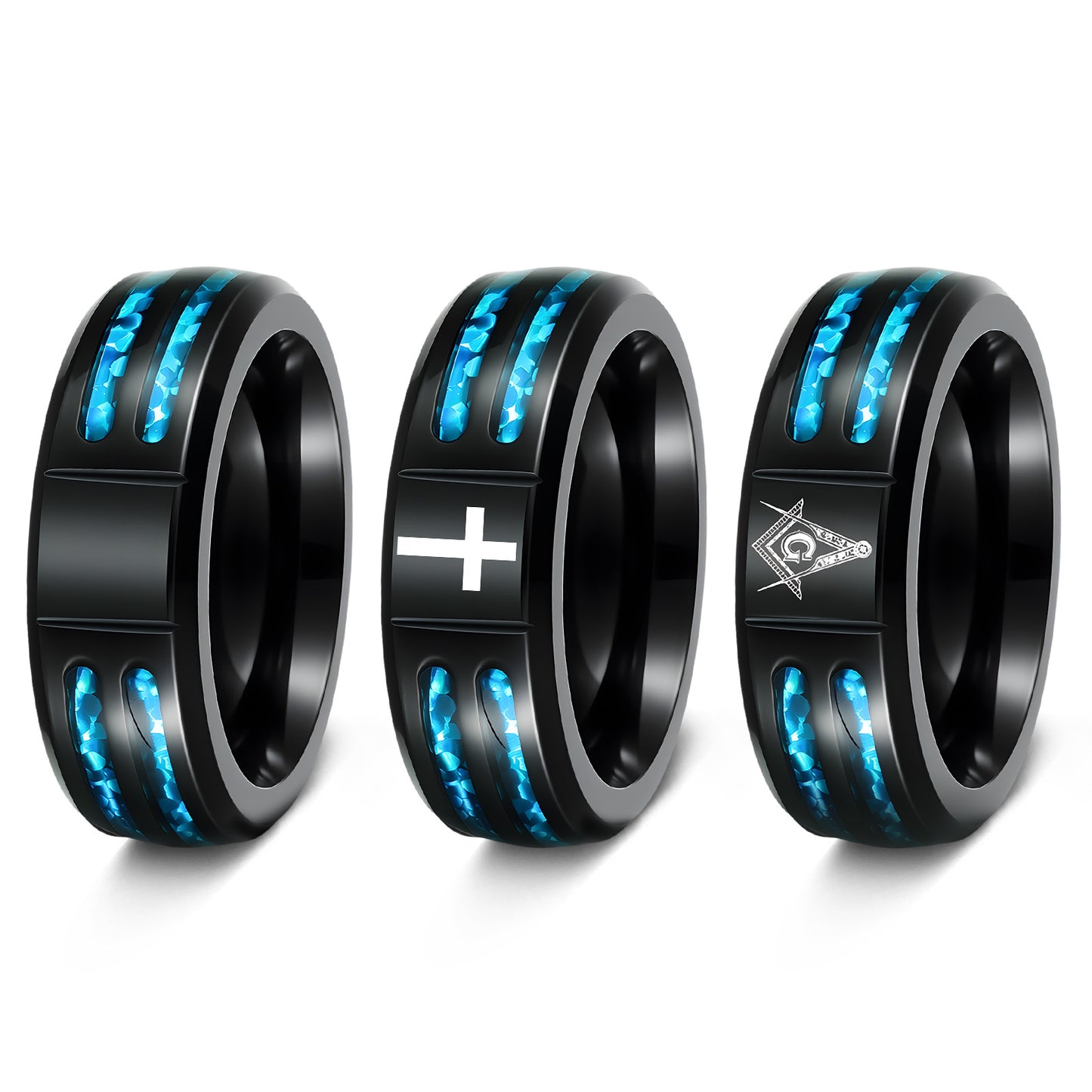 Planderful Masonic Opal Cross Ring For Men And Unisex Inlaid Blue Imitation Opal Shield Steel