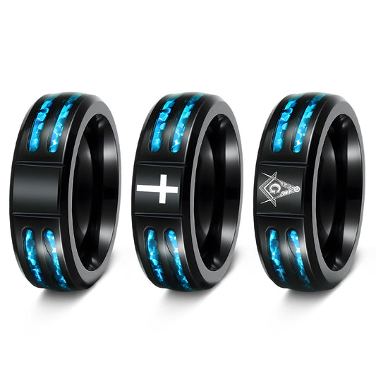 Planderful Masonic Opal Cross Ring For Men And Unisex Inlaid Blue Imitation Opal Shield Steel