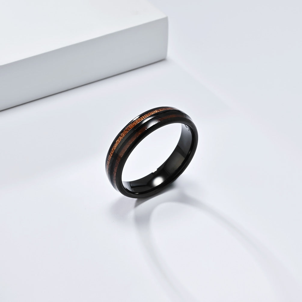 Planderful Tungsten Steel Ring With Parquet Wood Inlay Double Groove Unisex Couple Ring