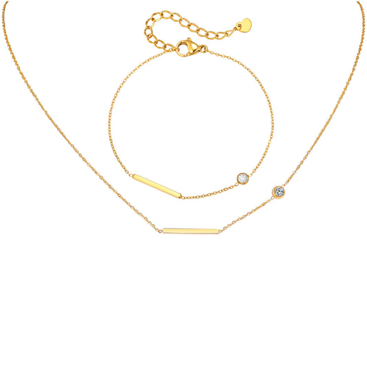 Stainless Steel Women's Rectangular Strip Zircon Bracelet Necklace Gold