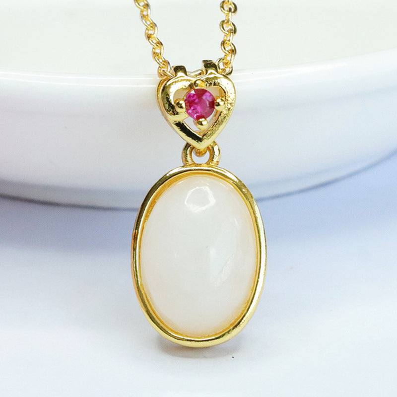 Elegant Oval White Jade Love Golden Pendant