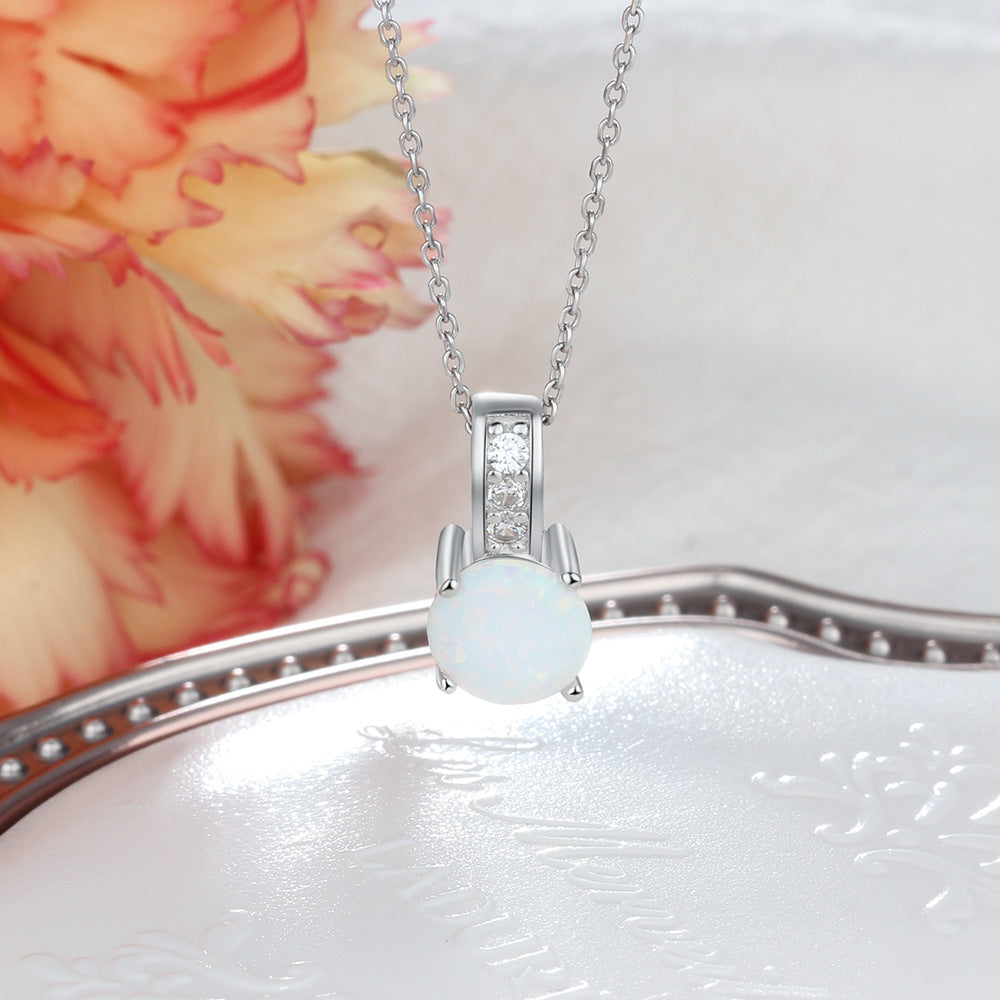 Planderful Jewelry Opal Necklace In Sterling Silver Four Claw Pendant With Zircon