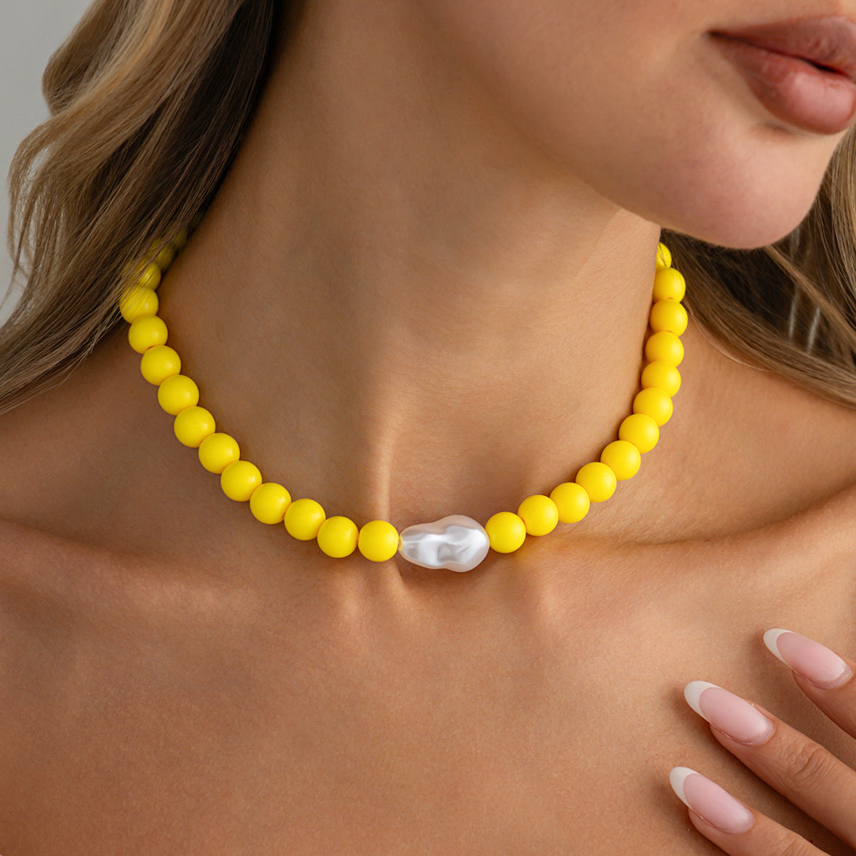Colored Round Beads Pearl Necklace Dopamine Beaded Holiday Wind Necklace
